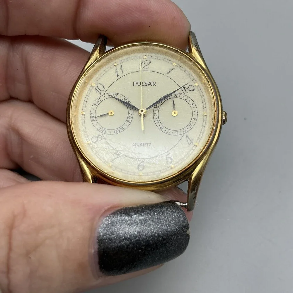 Pulsar Mens Watch 32mm Cream Dial Gold Tone Day Date V336-7000 For Parts